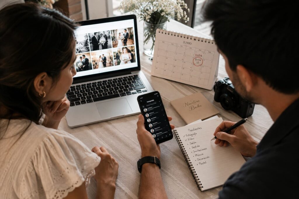Fotógrafo revisando en laptop las fotografías de una boda mientras toma notas