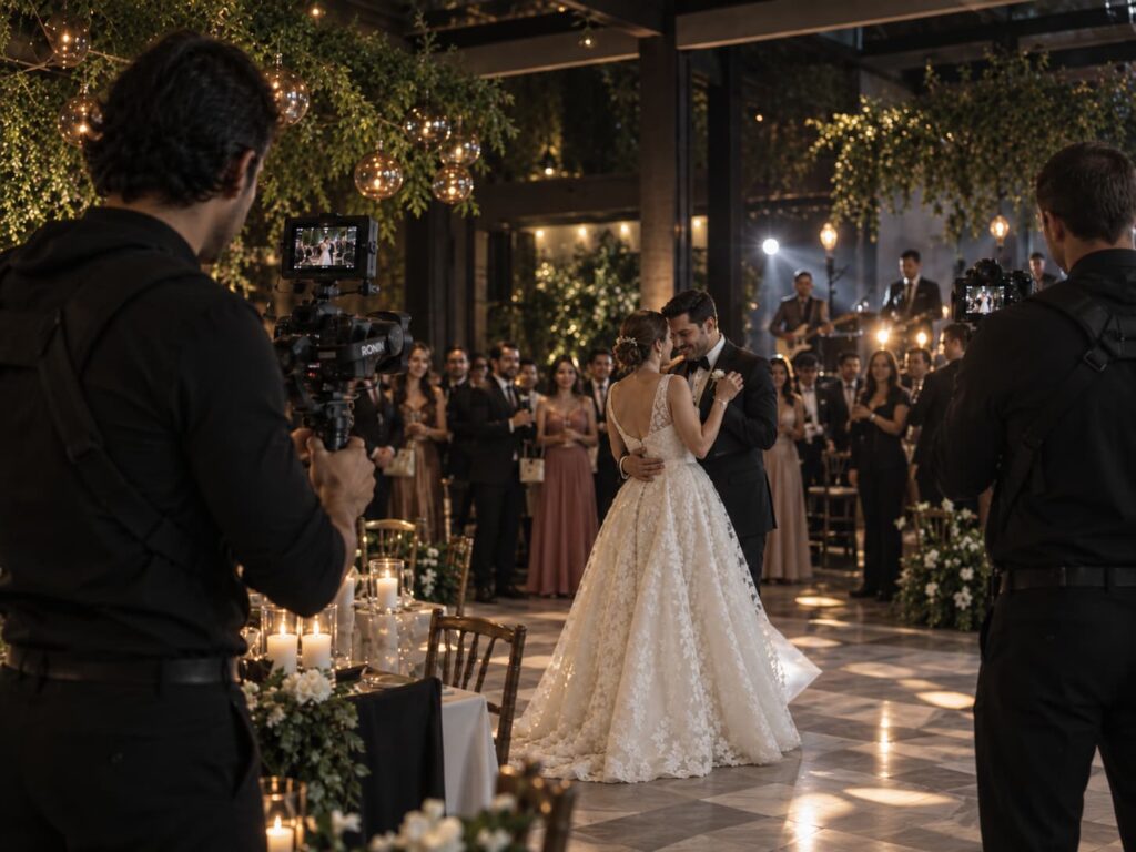 Dos videógrafos grabando con estabilizador el primer baile de los novios durante una recepción de boda en CDMX.