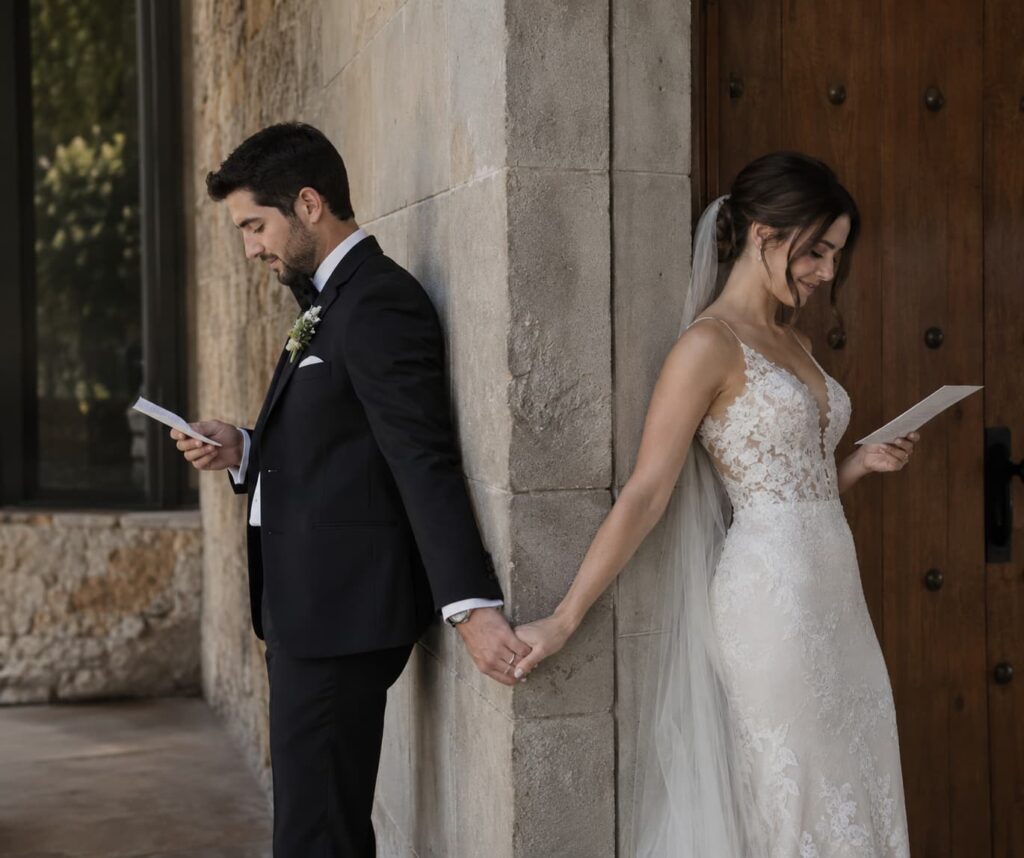 Novios tomados de la mano y leyendo cartas de amor separados por una esquina de piedra durante un First Touch antes de su boda