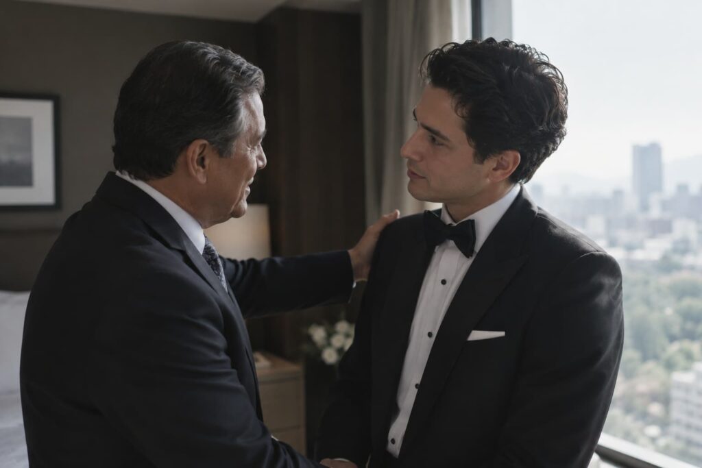 Novio vistiéndose con smoking negro en suite de hotel junto a su padre durante el getting ready previo a la boda en Ciudad de México.