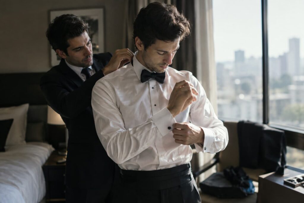 Novio ajustándose las mancuernillas de la camisa mientras su padrino le arregla el cuello del traje en la habitación antes de la boda.